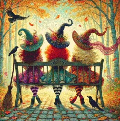 Whimsical Witches on Bench counted cross stitch pattern by Mystic Vision Gallery