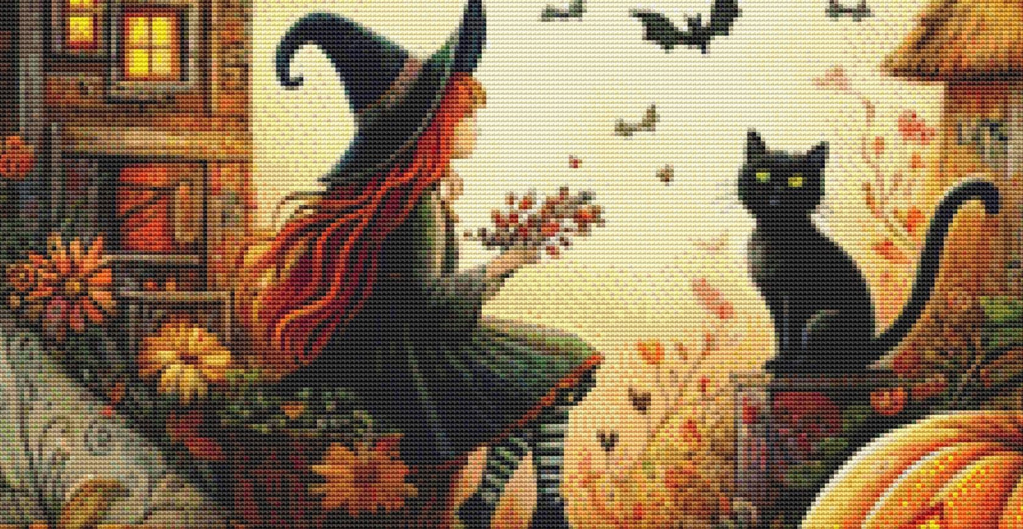 Serene Autumn Country Witch counted cross stitch pattern by World of Love Hearts/Adrian G. Eyre
