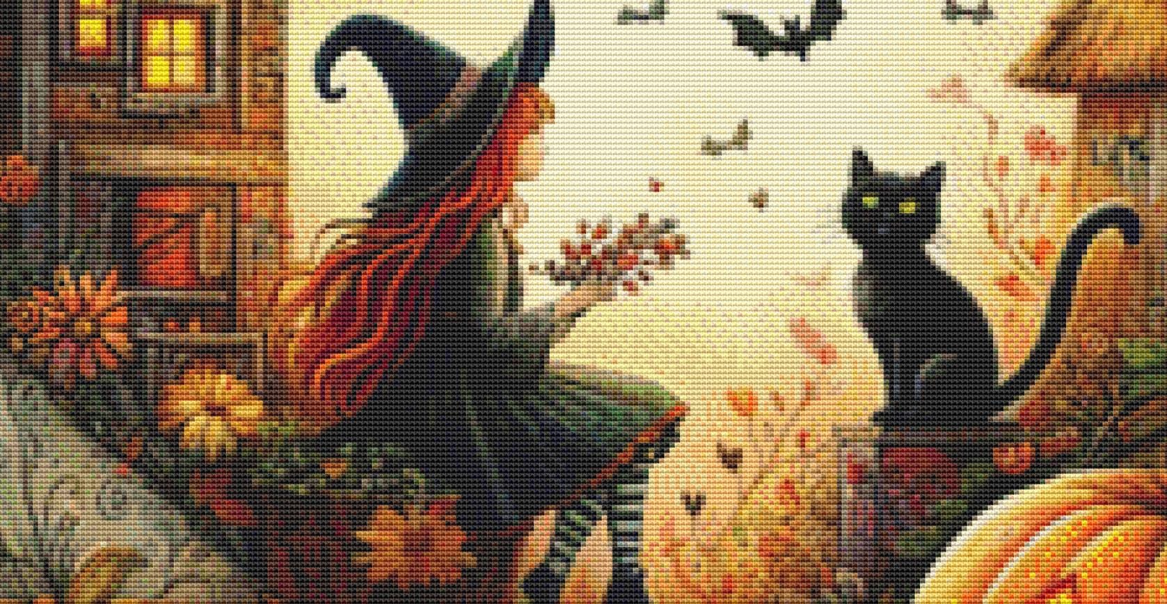 Serene Autumn Country Witch counted cross stitch pattern by World of Love Hearts/Adrian G. Eyre