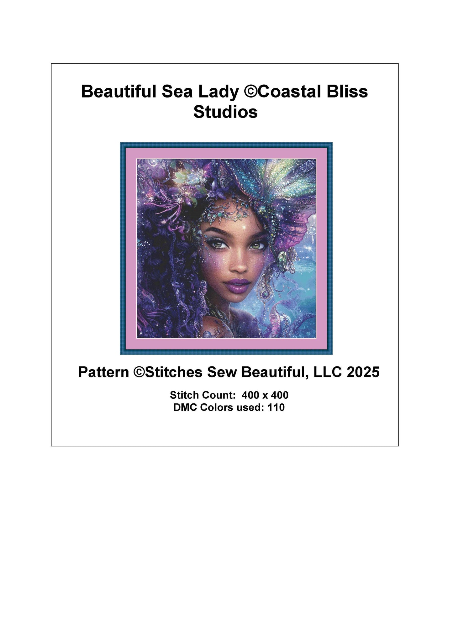 Beautiful Sea Lady counted cross stitch pattern by Coastal Bliss Studios