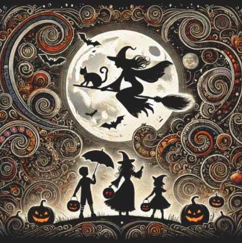 Whimsical Full Moon Halloween counted cross stitch pattern by World of Love Hearts/Adrian G. Eyre