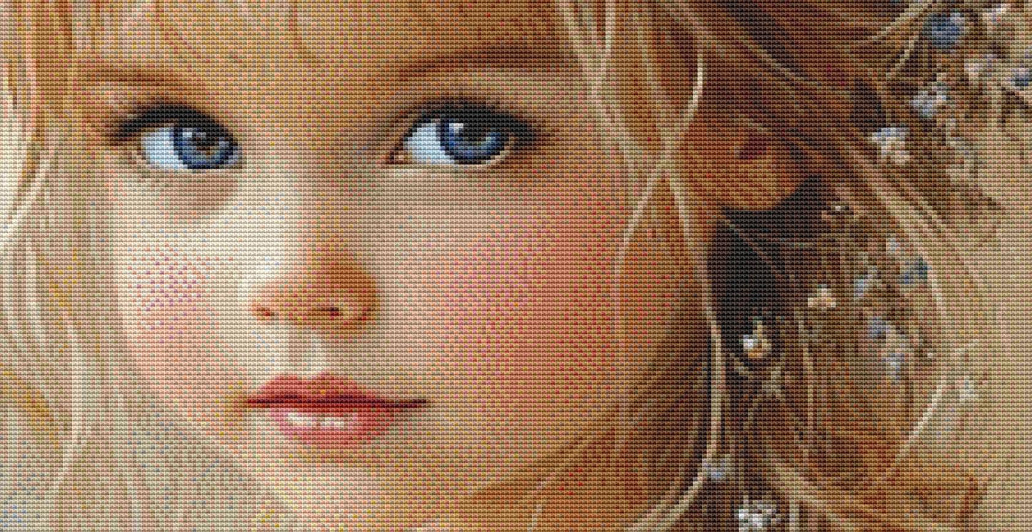Blue Eyed Girl counted cross stitch pattern by Ingrid Jean AI Art