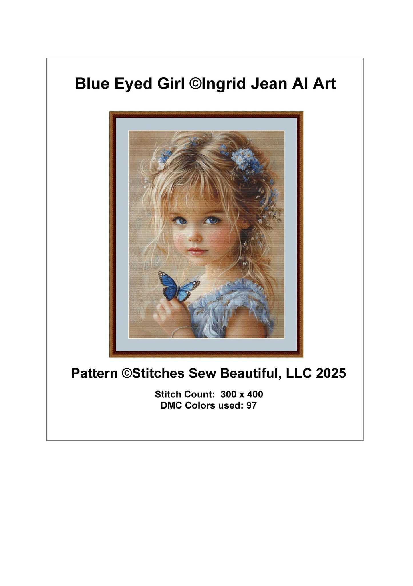 Blue Eyed Girl counted cross stitch pattern by Ingrid Jean AI Art