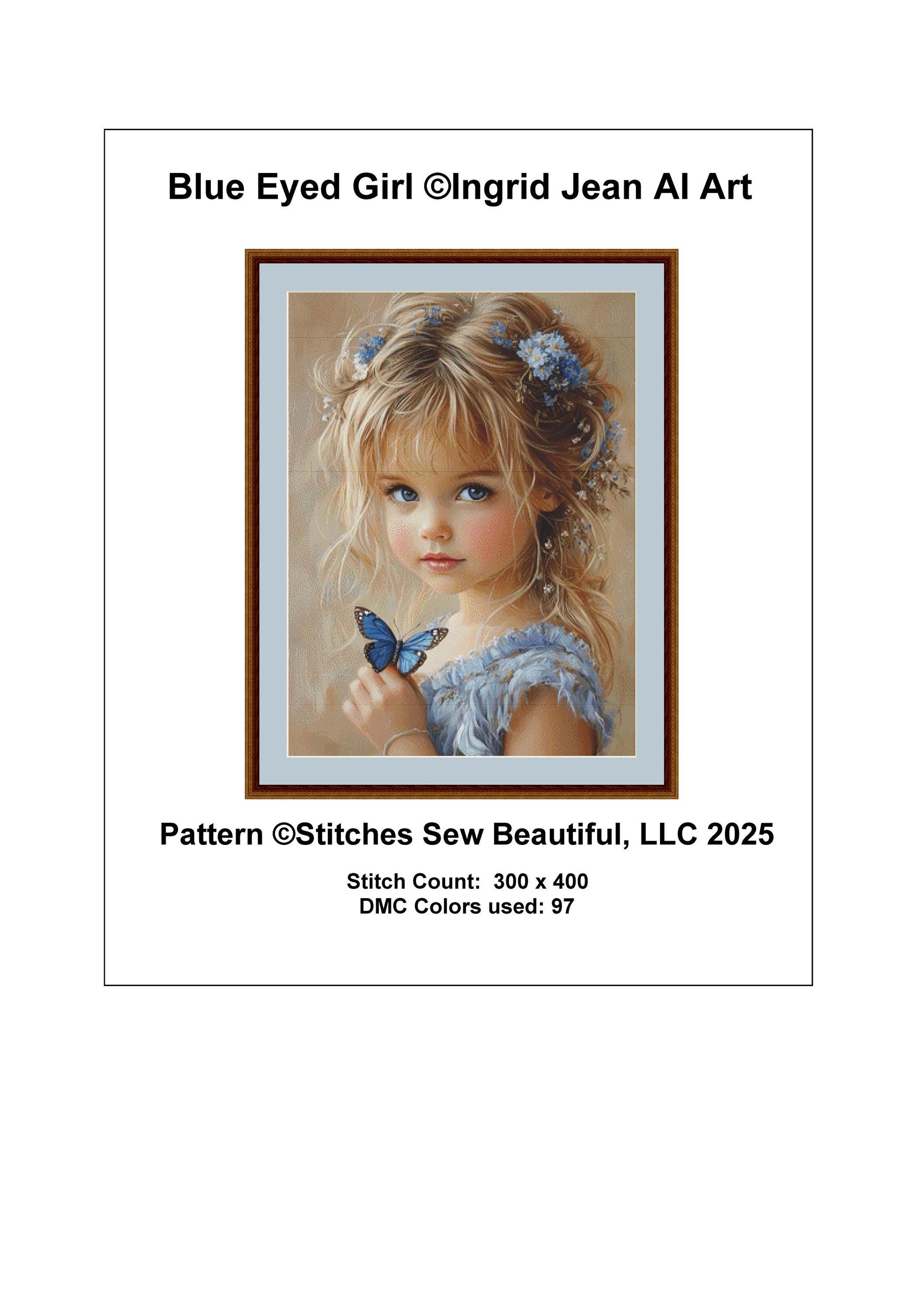 Blue Eyed Girl counted cross stitch pattern by Ingrid Jean AI Art