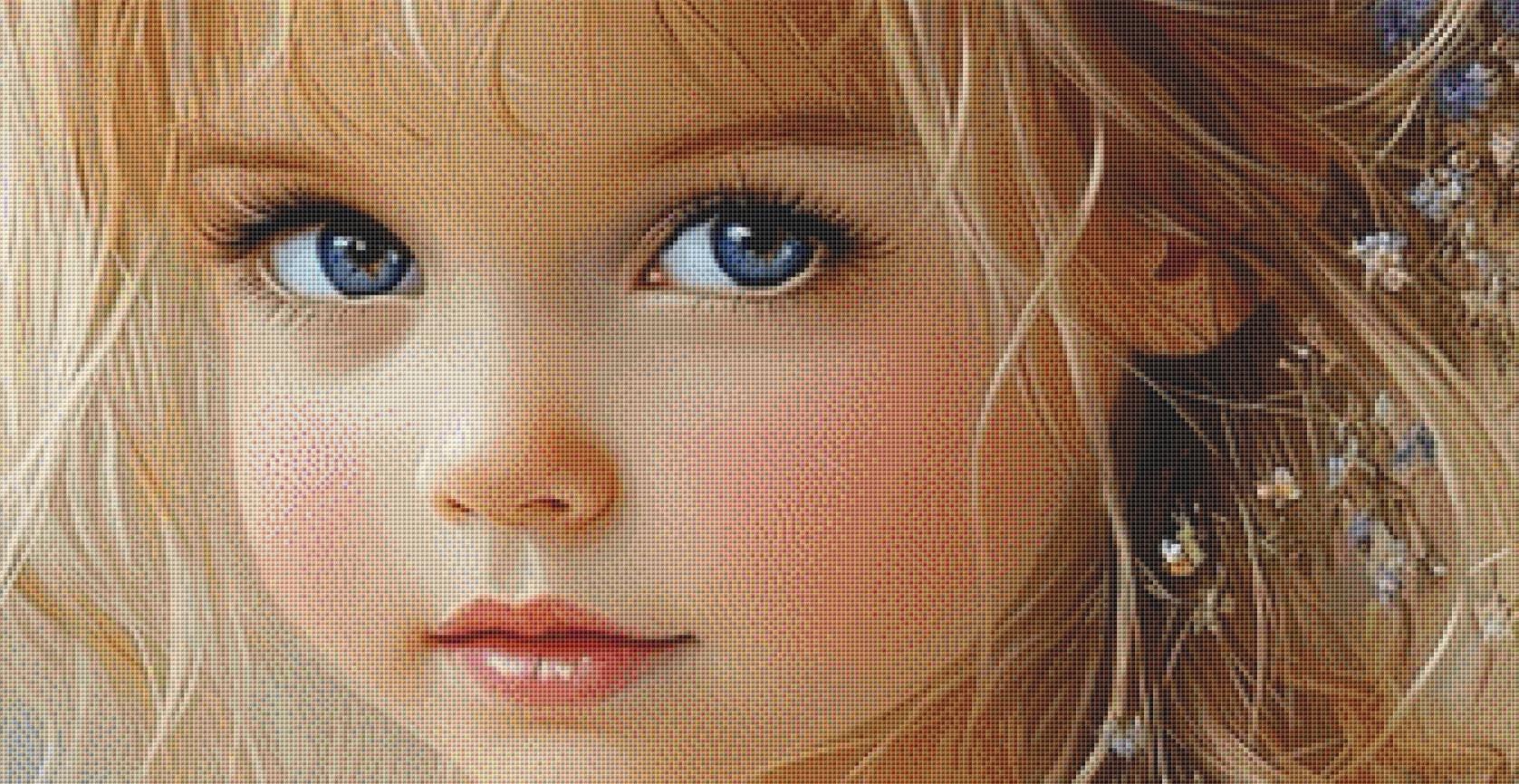 Blue Eyed Girl (Max Size/Color) counted cross stitch pattern by Ingrid Jean AI Art