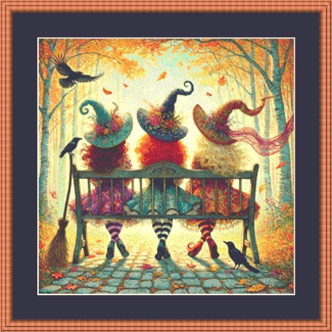 Whimsical Witches on Bench (Small) counted cross stitch pattern by Mystic Vision Gallery