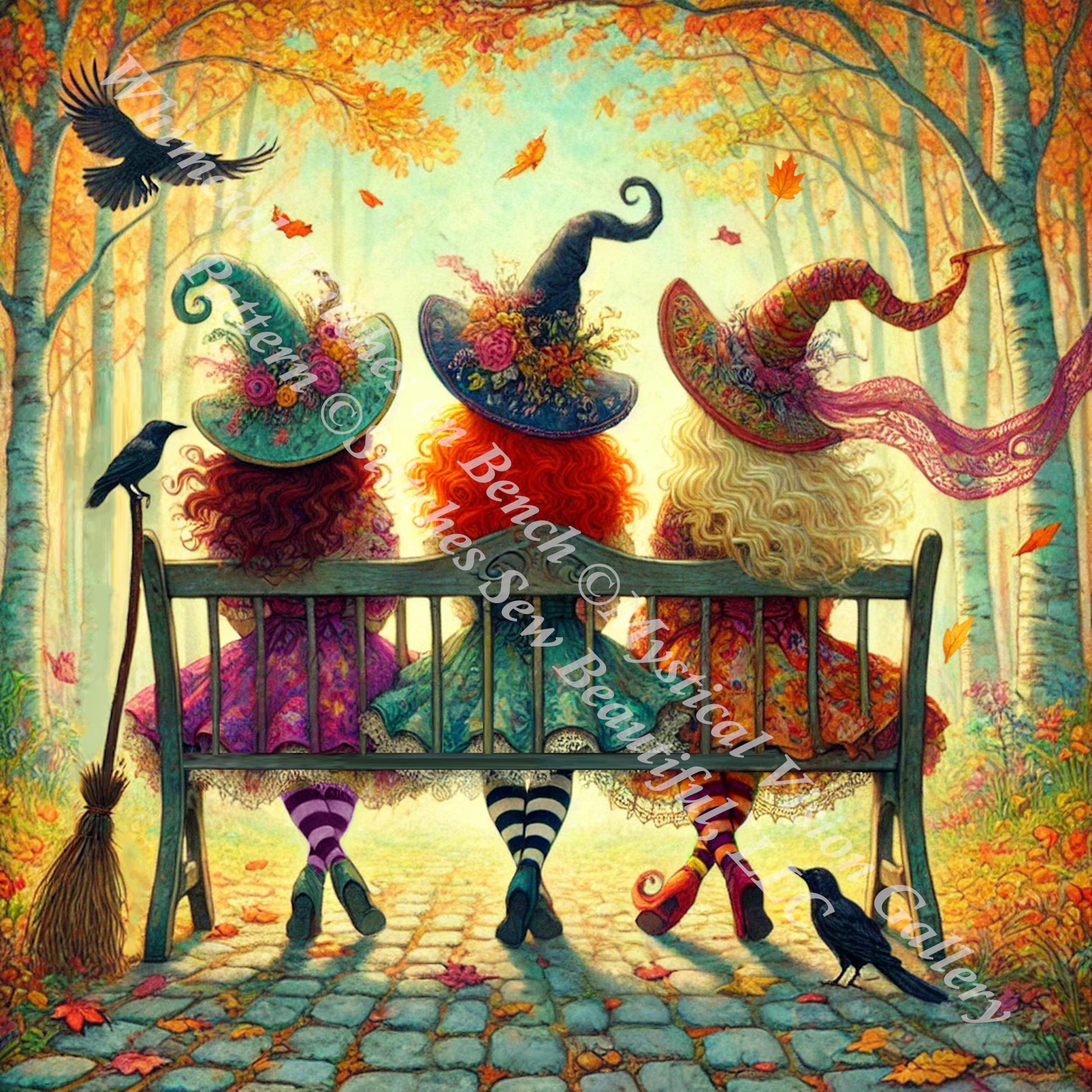 Whimsical Witches on Bench (Max Size/Color) counted cross stitch pattern by Mystic Vision Gallery