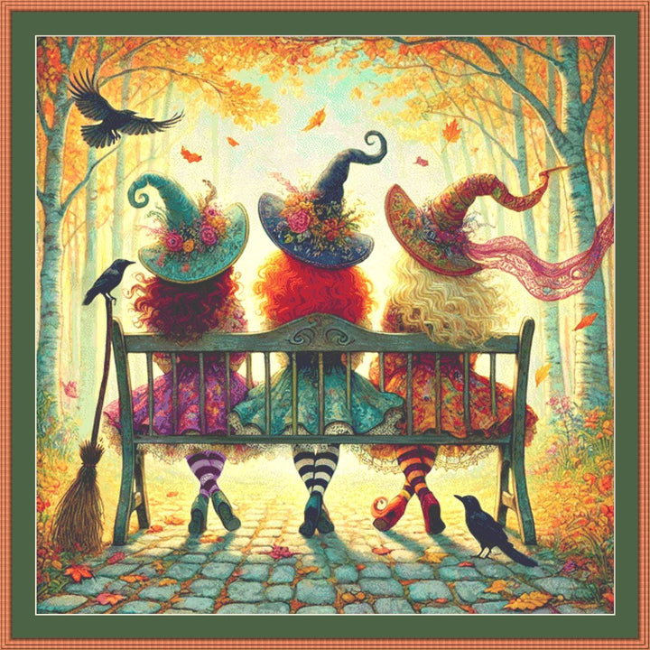 Whimsical Witches on Bench (Max Size/Color) counted cross stitch pattern by Mystic Vision Gallery
