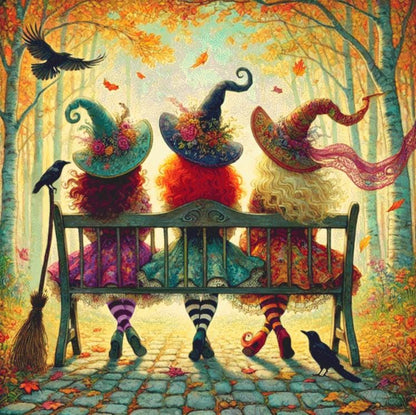 Whimsical Witches on Bench (Max Size/Color) counted cross stitch pattern by Mystic Vision Gallery