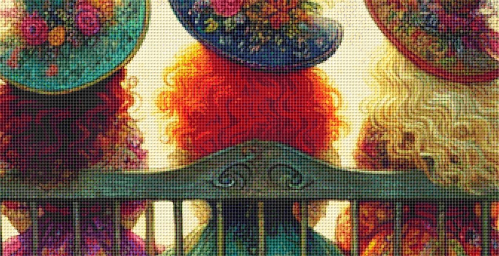 Whimsical Witches on Bench (Max Size/Color) counted cross stitch pattern by Mystic Vision Gallery