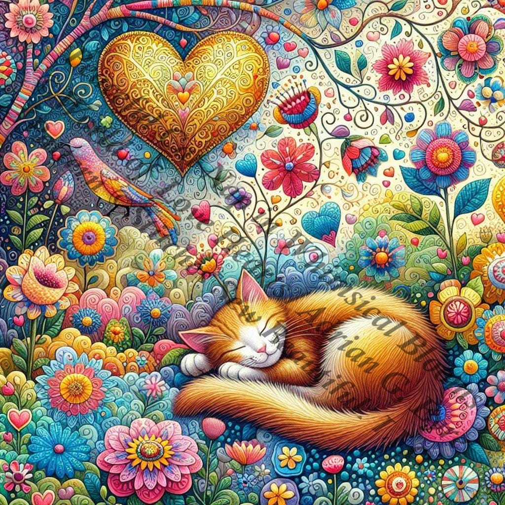 Peaceful Cat Nap in Whimsical Blooms counted cross stitch pattern by World of Love Hearts/Adrian G. Eyre
