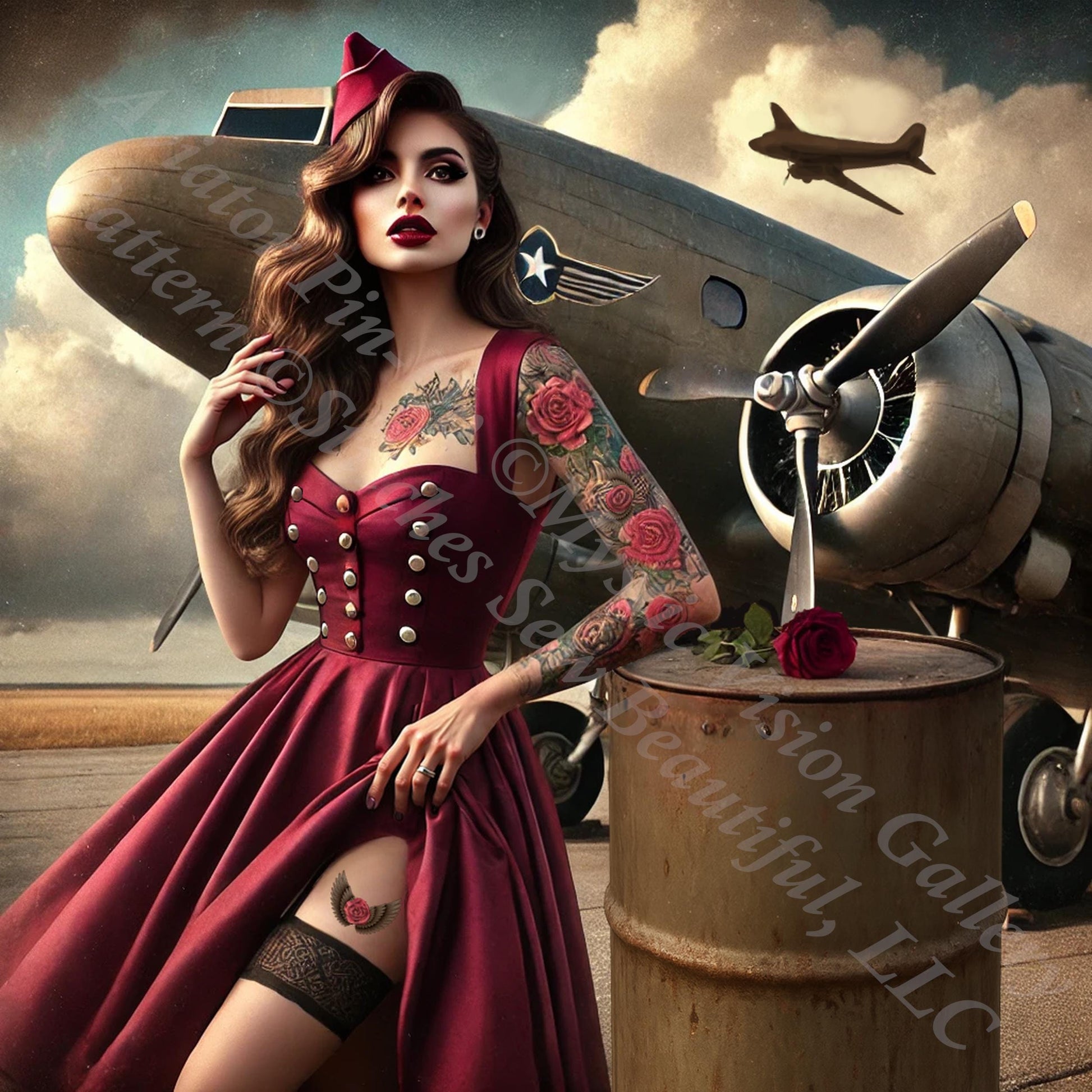 Aviator Pin-Up counted cross stitch pattern by Mystic Vision Gallery