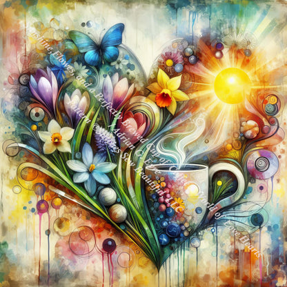 Sunshine Flowers and a Perfectly Brewed Cup of Coffee (Max Color) counted cross stitch pattern by World of Love Hearts/Adrian G Eyre