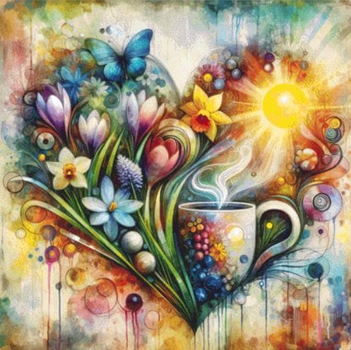 Sunshine Flowers and a Perfectly Brewed Cup of Coffee (Max Color) counted cross stitch pattern by World of Love Hearts/Adrian G Eyre