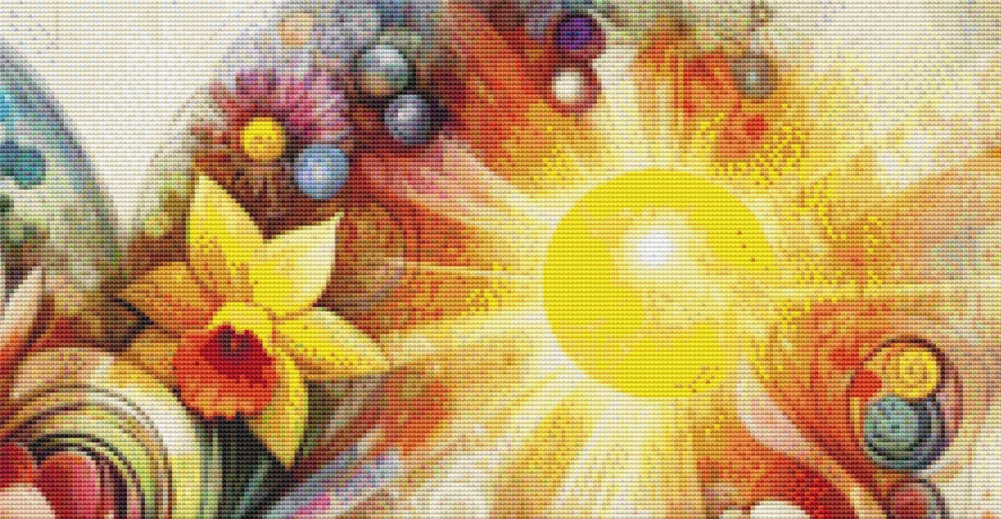 Sunshine Flowers and a Perfectly Brewed Cup of Coffee (Max Color) counted cross stitch pattern by World of Love Hearts/Adrian G Eyre