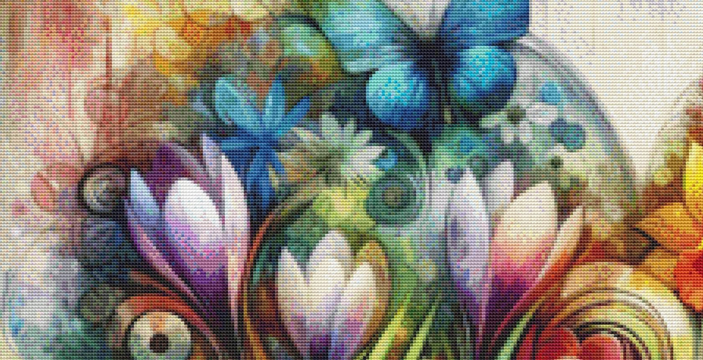 Sunshine Flowers and a Perfectly Brewed Cup of Coffee (Max Color) counted cross stitch pattern by World of Love Hearts/Adrian G Eyre