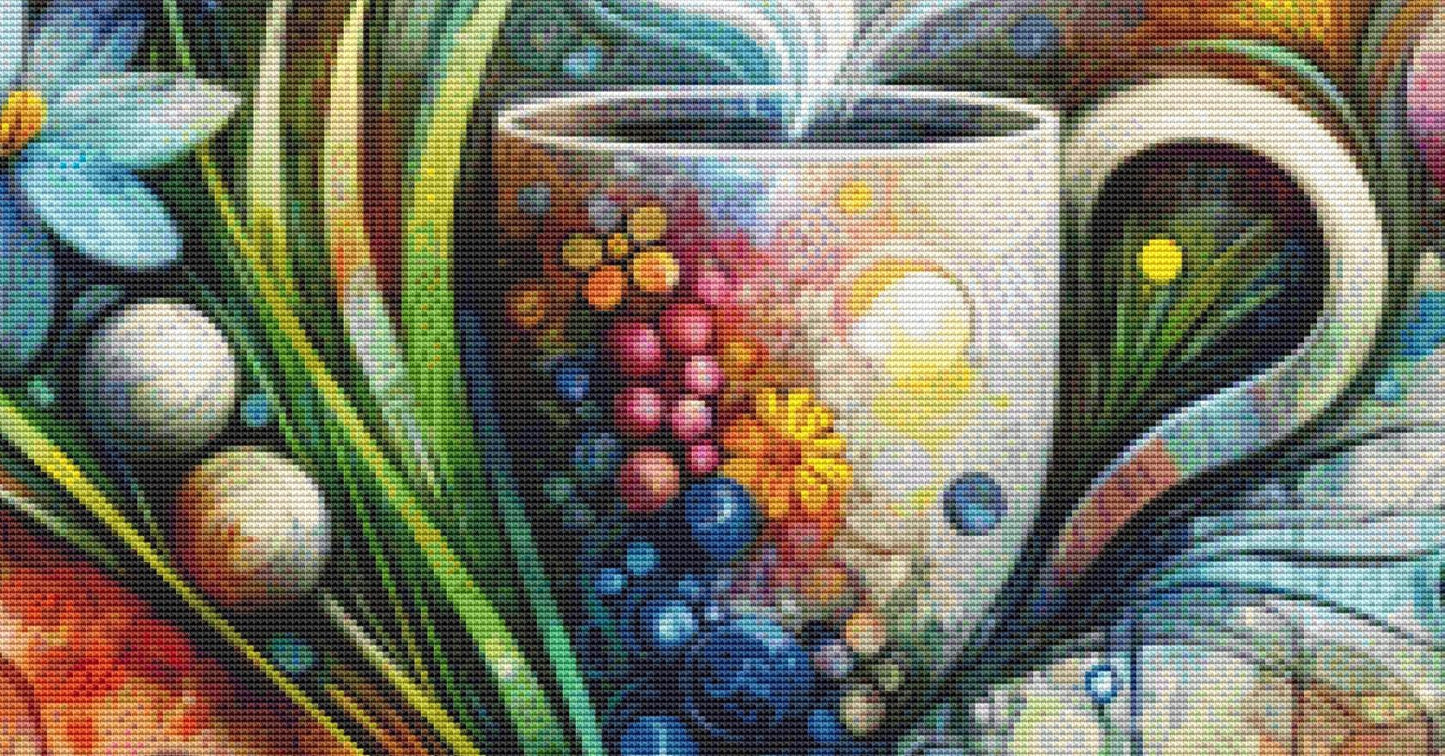 Sunshine Flowers and a Perfectly Brewed Cup of Coffee (Max Color) counted cross stitch pattern by World of Love Hearts/Adrian G Eyre