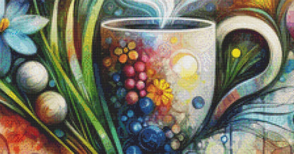 Sunshine Flowers and a Perfectly Brewed Cup of Coffee (Max Color) counted cross stitch pattern by World of Love Hearts/Adrian G Eyre