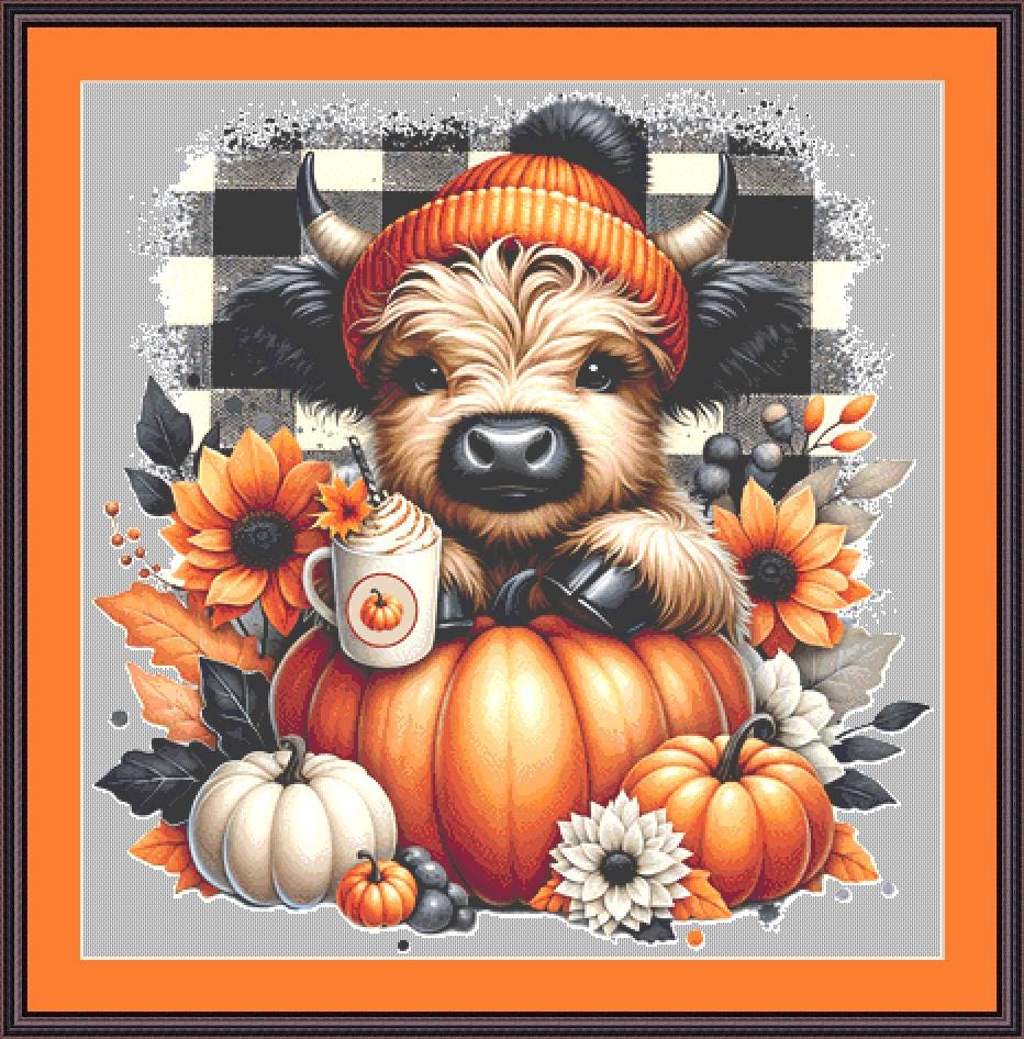 Autumn Highland Cow counted cross stitch pattern by Pixel Paige Studios