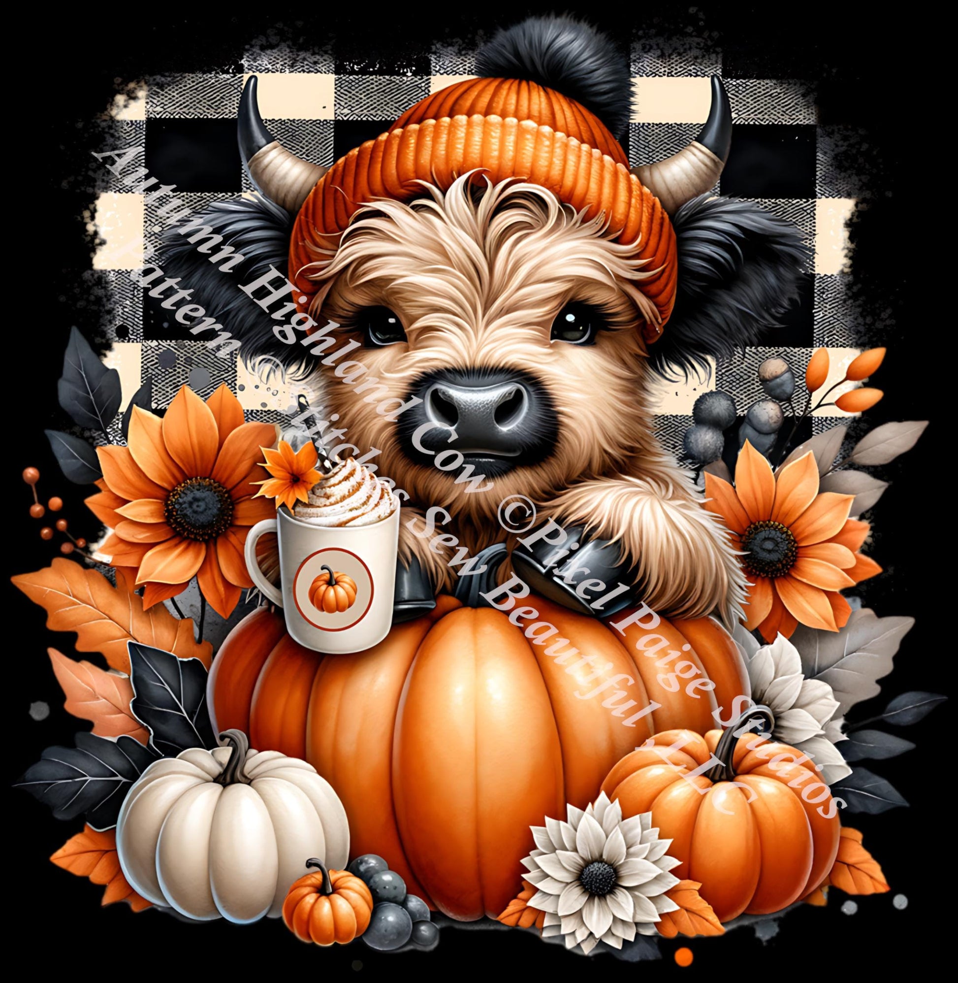 Autumn Highland Cow counted cross stitch pattern by Pixel Paige Studios