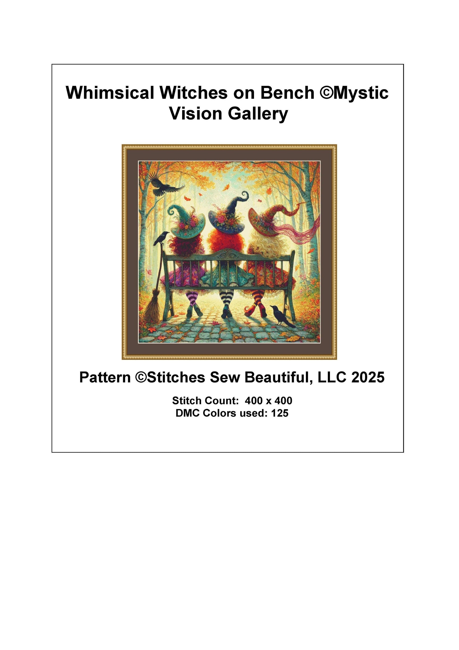 Whimsical Witches on Bench counted cross stitch pattern by Mystic Vision Gallery