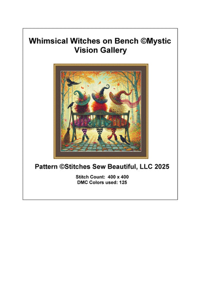 Whimsical Witches on Bench counted cross stitch pattern by Mystic Vision Gallery