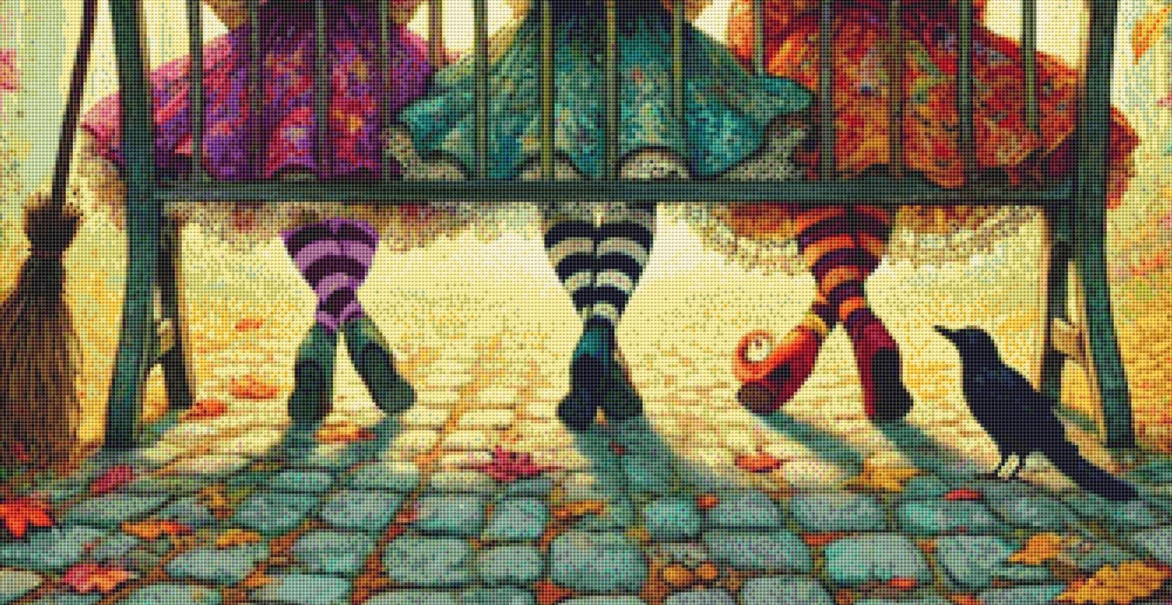 Whimsical Witches on Bench counted cross stitch pattern by Mystic Vision Gallery