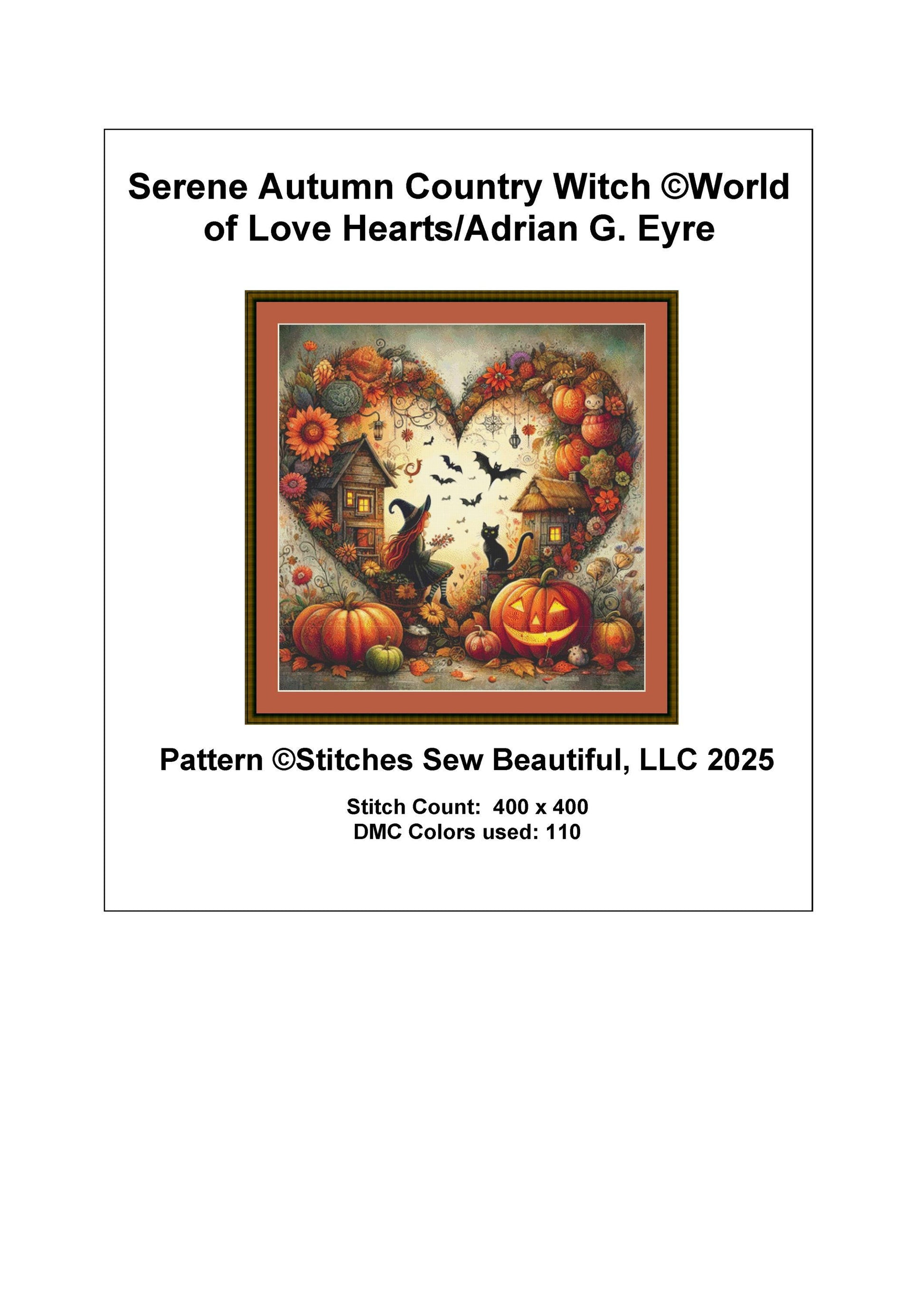 Serene Autumn Country Witch counted cross stitch pattern by World of Love Hearts/Adrian G. Eyre