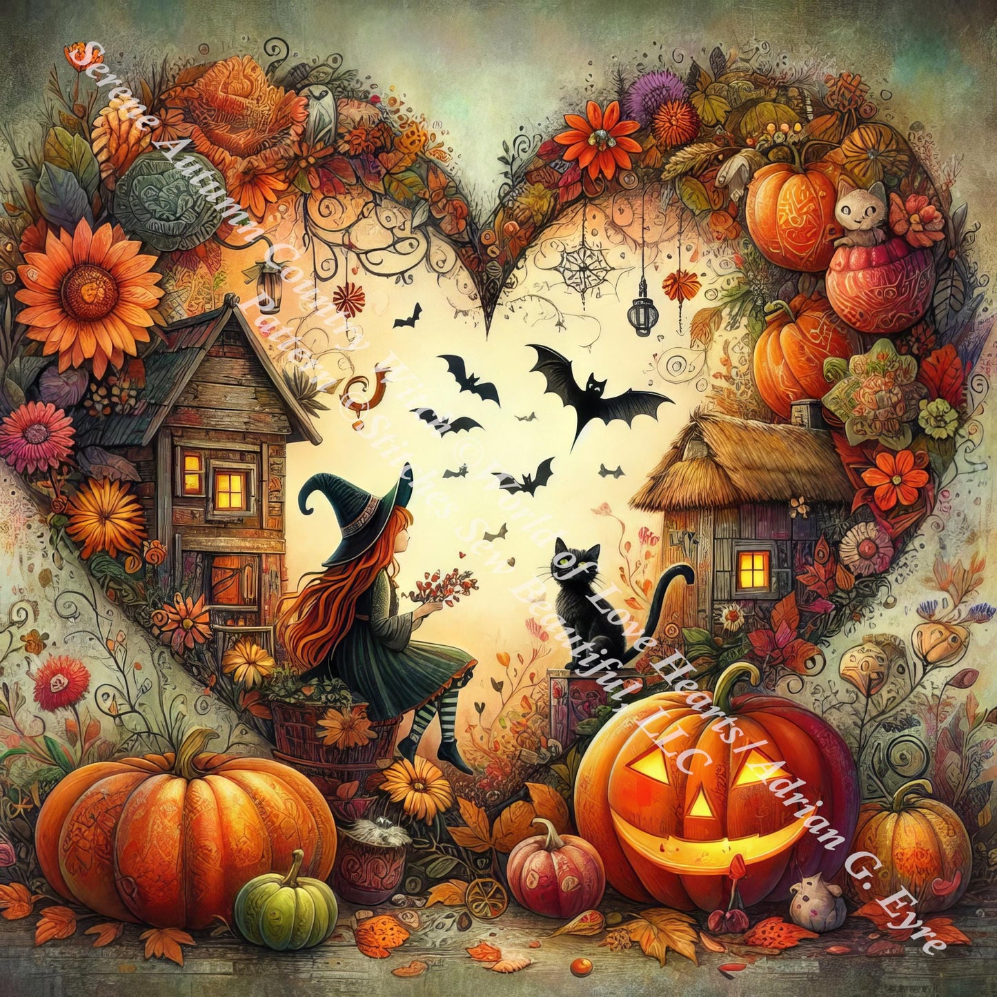 Serene Autumn Country Witch counted cross stitch pattern by World of Love Hearts/Adrian G. Eyre