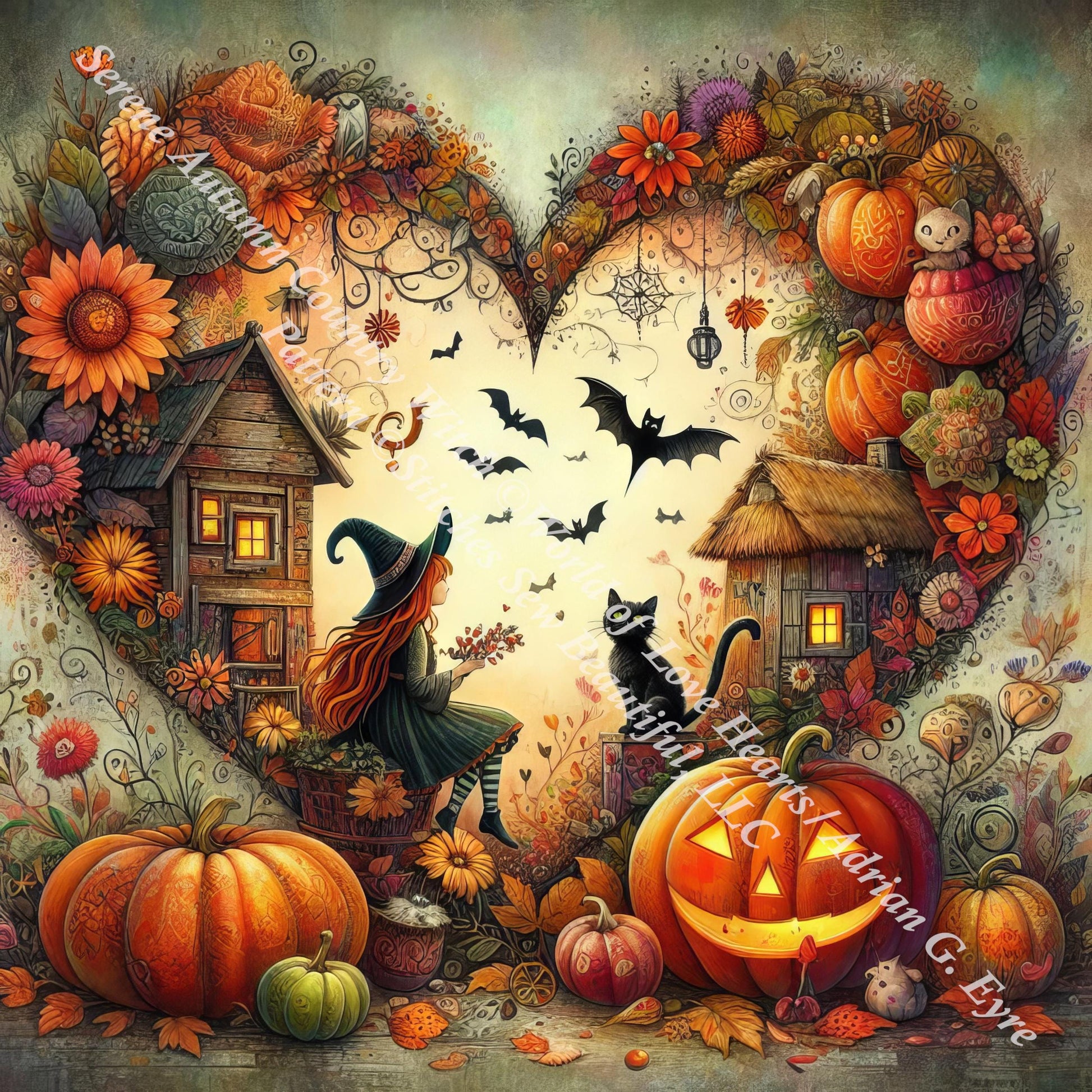 Serene Autumn Country Witch counted cross stitch pattern by World of Love Hearts/Adrian G. Eyre