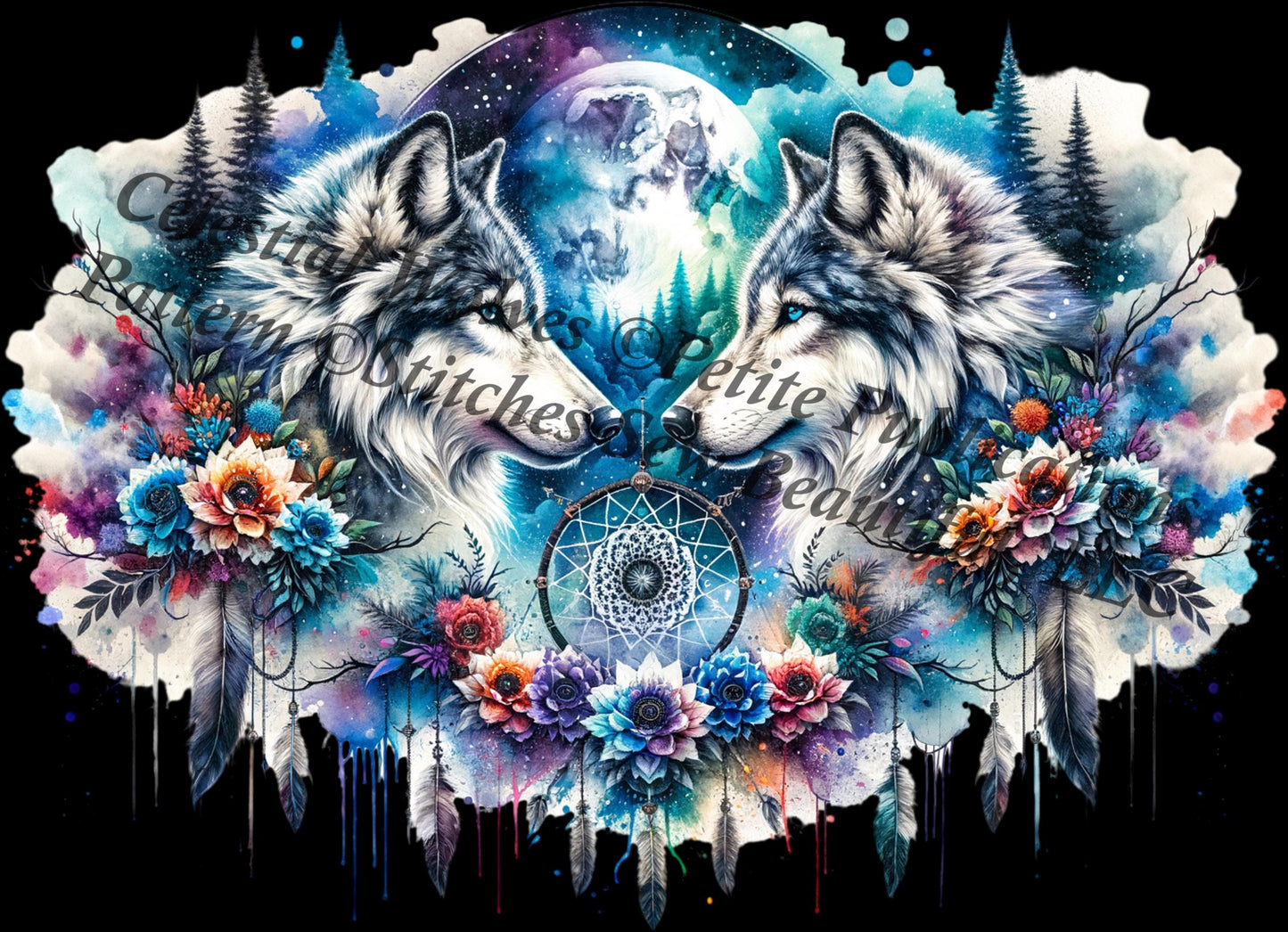 Celestial Wolves counted cross stitch pattern by Petite Publications
