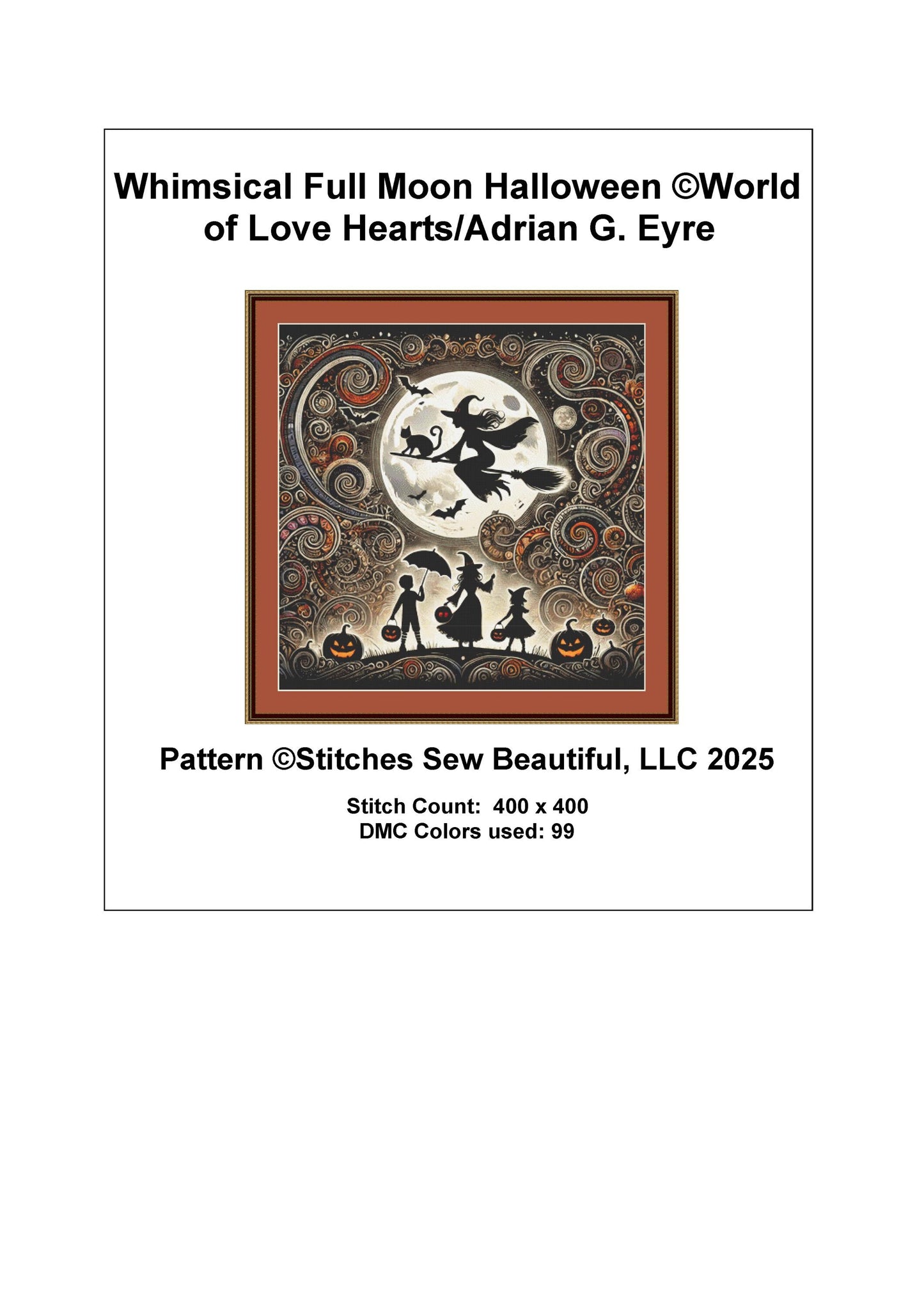 Whimsical Full Moon Halloween counted cross stitch pattern by World of Love Hearts/Adrian G. Eyre
