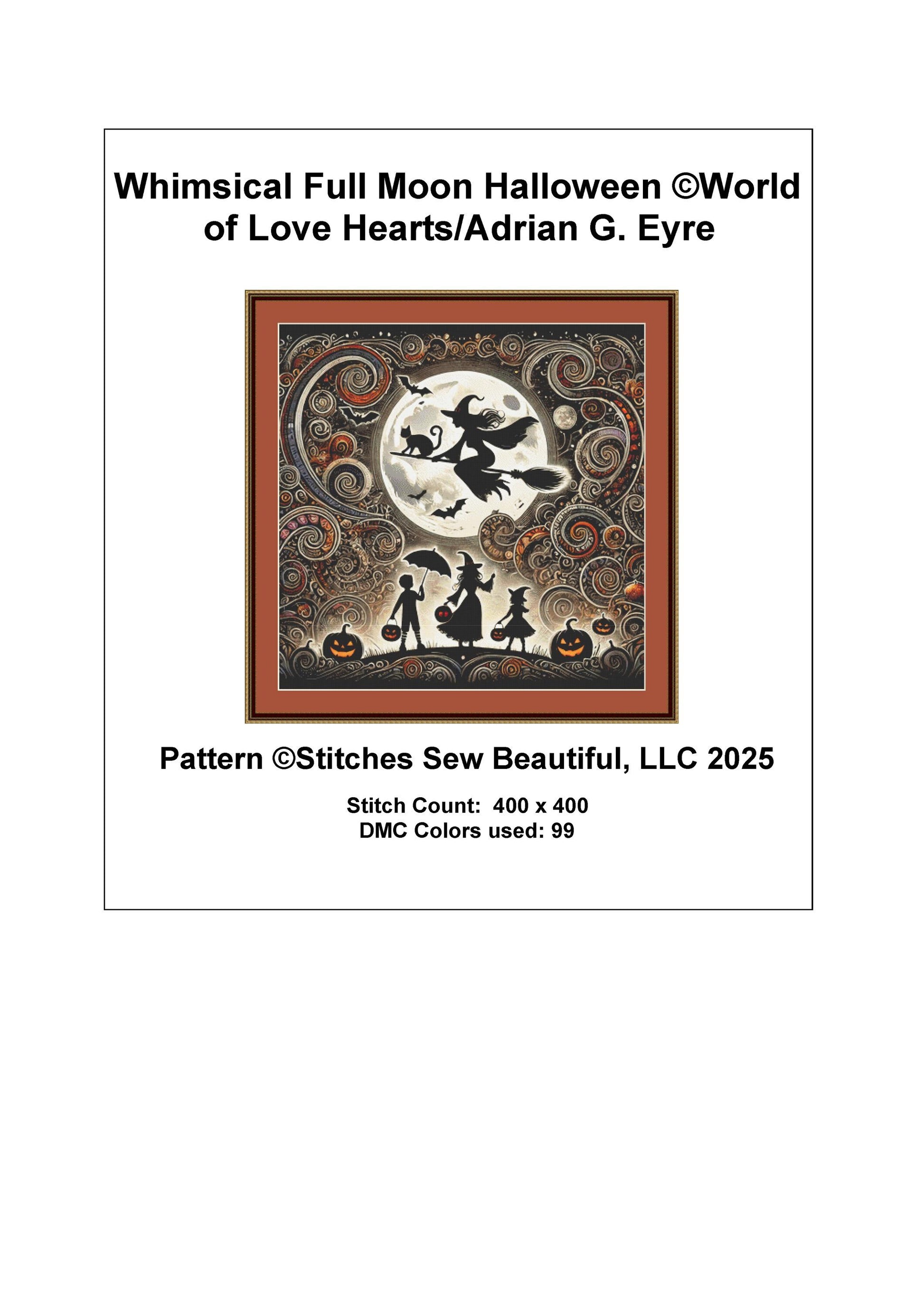 Whimsical Full Moon Halloween counted cross stitch pattern by World of Love Hearts/Adrian G. Eyre