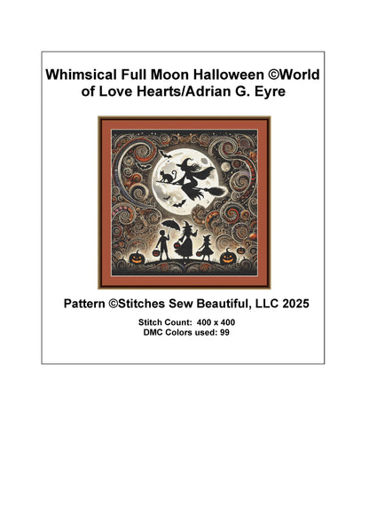 Whimsical Full Moon Halloween counted cross stitch pattern by World of Love Hearts/Adrian G. Eyre