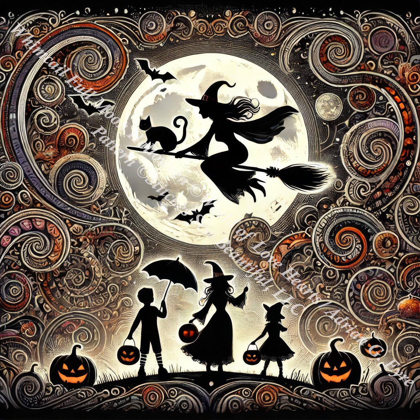 Whimsical Full Moon Halloween counted cross stitch pattern by World of Love Hearts/Adrian G. Eyre