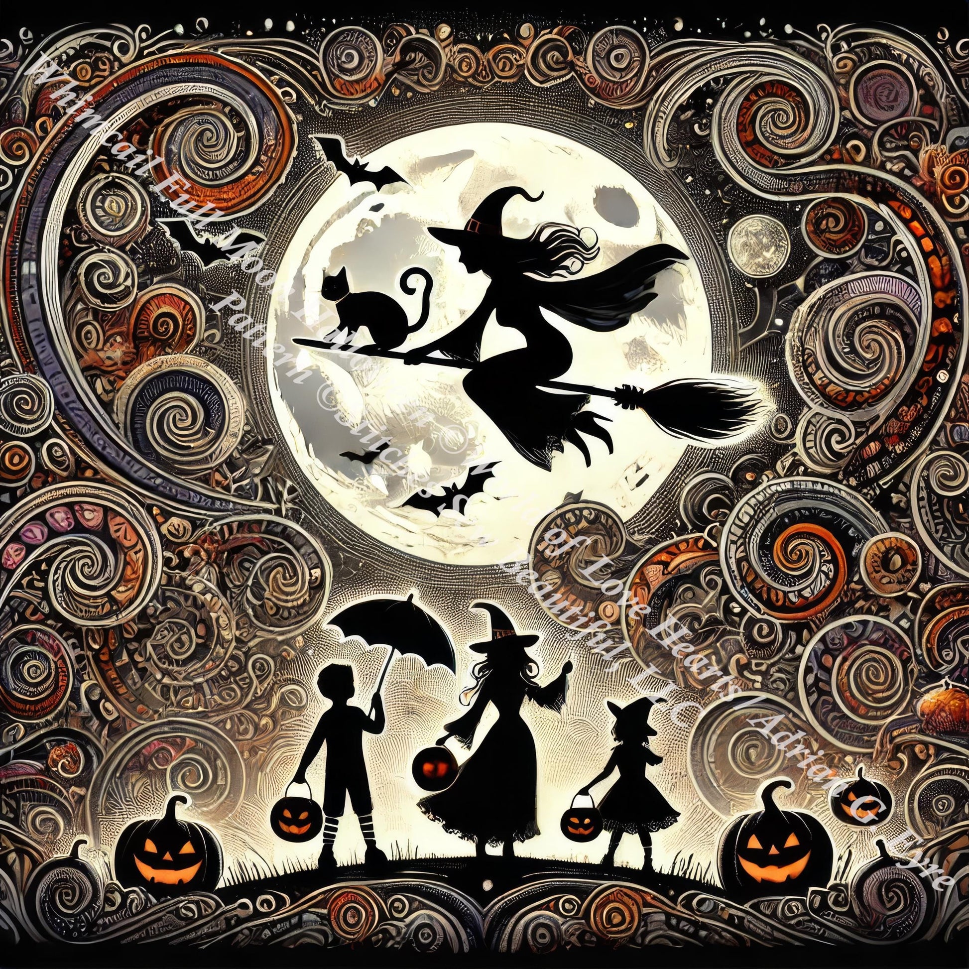 Whimsical Full Moon Halloween counted cross stitch pattern by World of Love Hearts/Adrian G. Eyre
