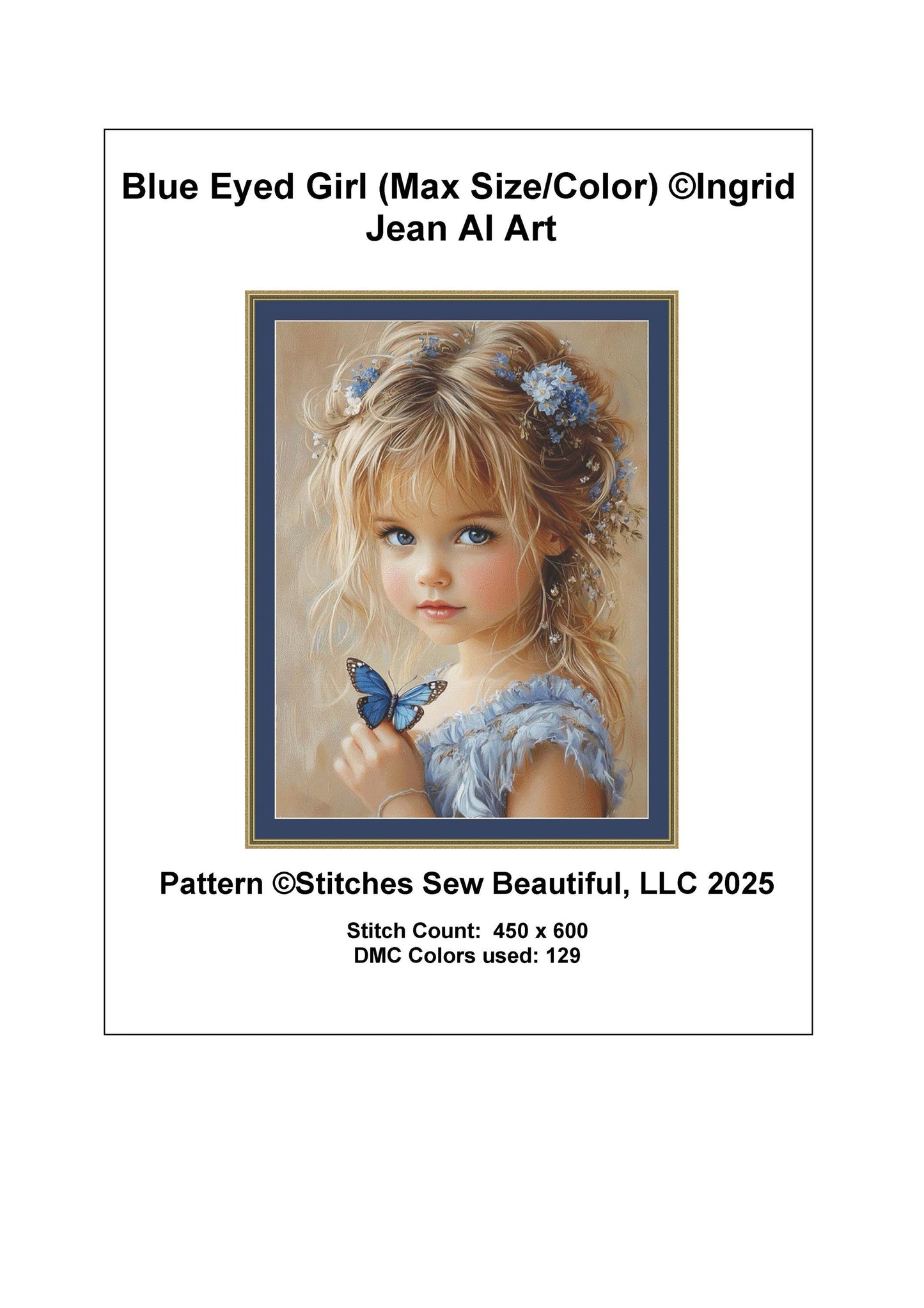 Blue Eyed Girl (Max Size/Color) counted cross stitch pattern by Ingrid Jean AI Art