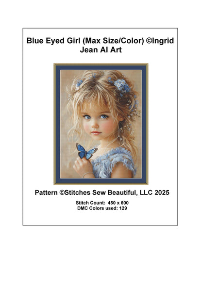 Blue Eyed Girl (Max Size/Color) counted cross stitch pattern by Ingrid Jean AI Art