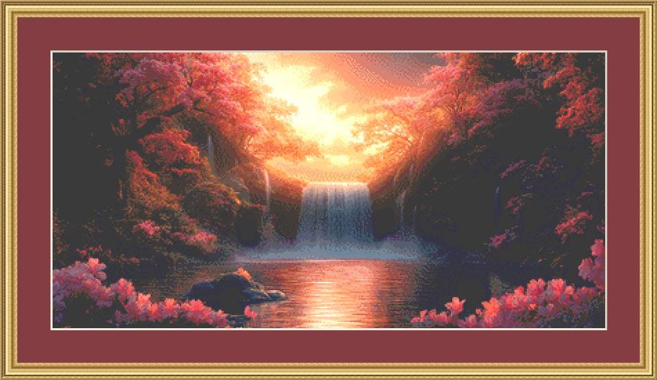 Enchanting Waterfall at Sunset counted cross stitch pattern by Eder Jose Rosa