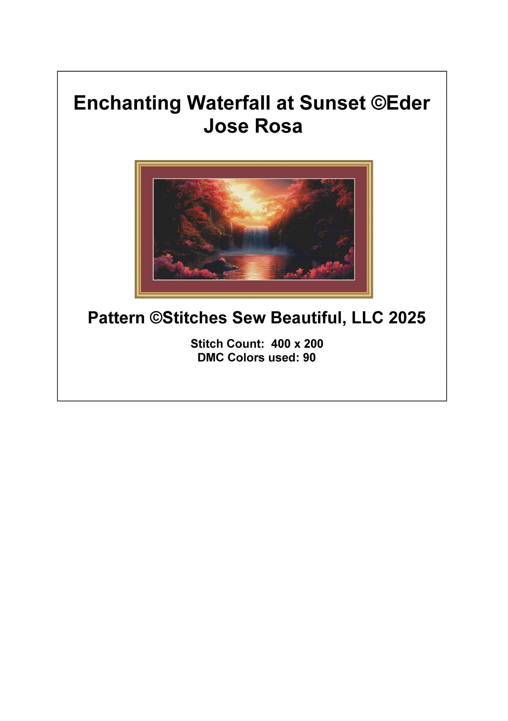 Enchanting Waterfall at Sunset counted cross stitch pattern by Eder Jose Rosa