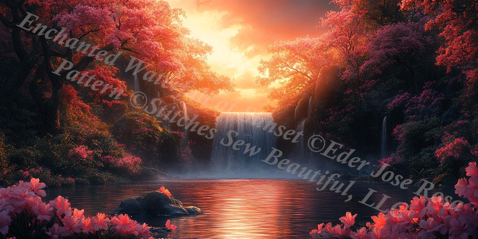 Enchanting Waterfall at Sunset counted cross stitch pattern by Eder Jose Rosa