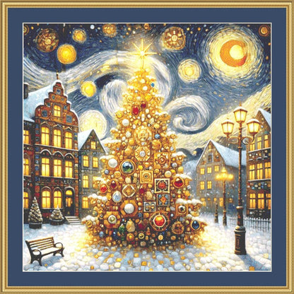 Christmas Tree in Vintage Town counted cross stitch pattern by Mystic Vision Gallery