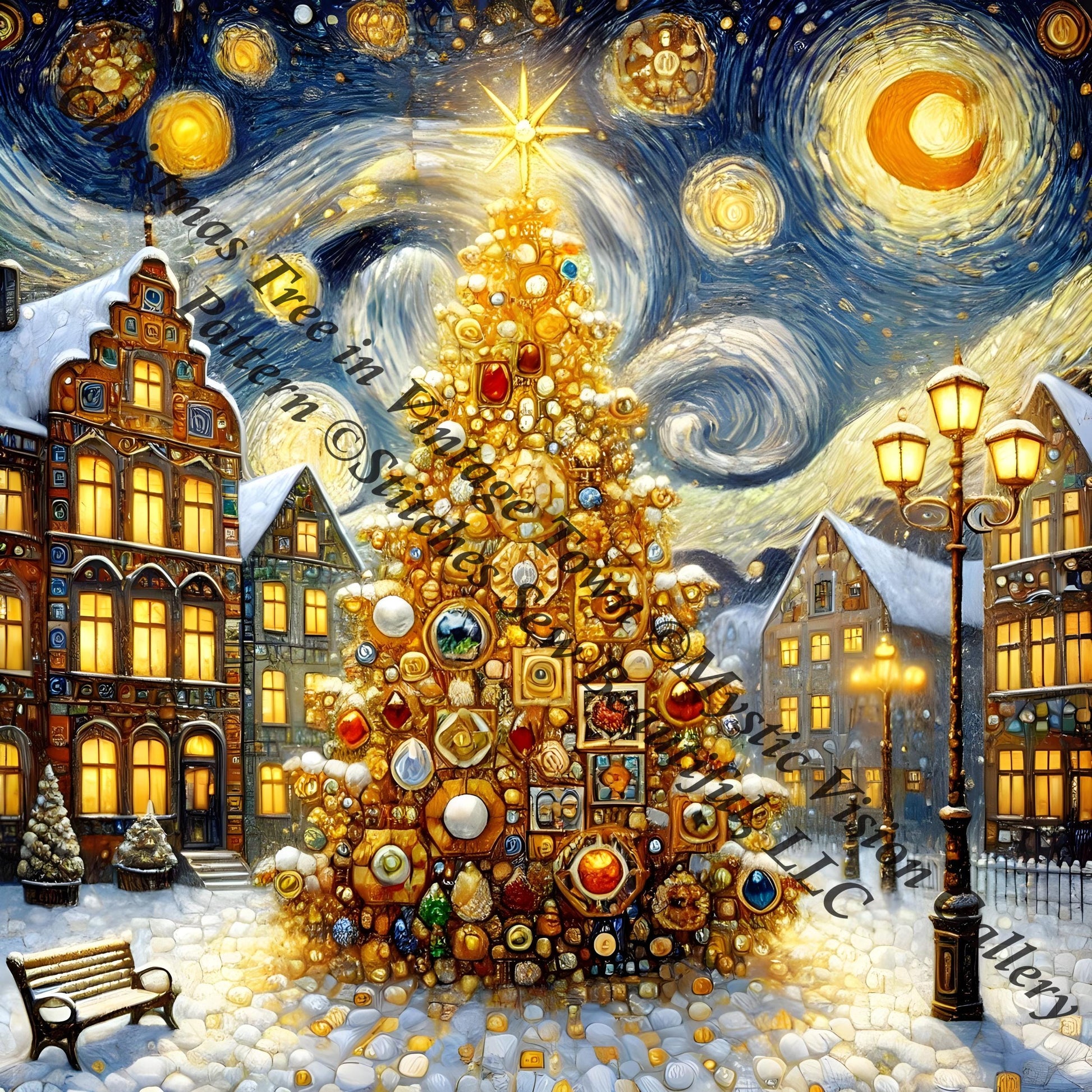 Christmas Tree in Vintage Town counted cross stitch pattern by Mystic Vision Gallery