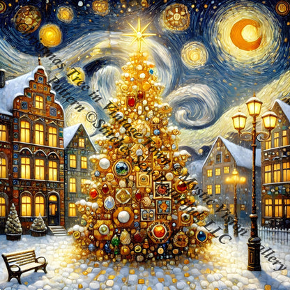 Christmas Tree in Vintage Town counted cross stitch pattern by Mystic Vision Gallery