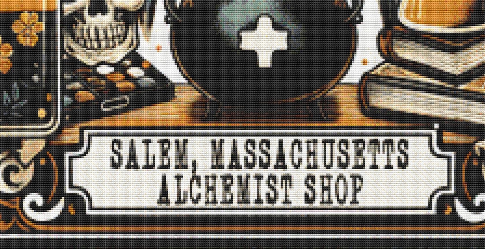 Salem Massachusetts Apothecary counted cross stitch pattern by Pixel Paige Studios