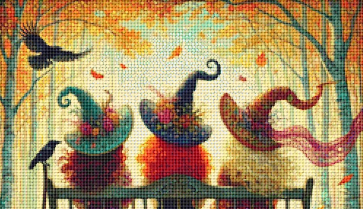 Whimsical Witches on Bench (Small) counted cross stitch pattern by Mystic Vision Gallery