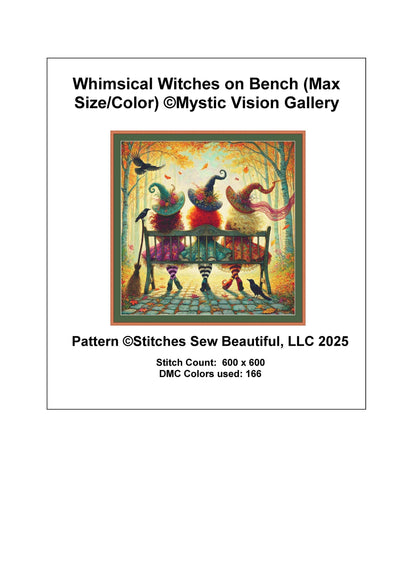 Whimsical Witches on Bench (Max Size/Color) counted cross stitch pattern by Mystic Vision Gallery
