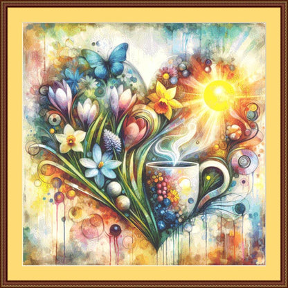 Sunshine Flowers and a Perfectly Brewed Cup of Coffee (Max Color) counted cross stitch pattern by World of Love Hearts/Adrian G Eyre
