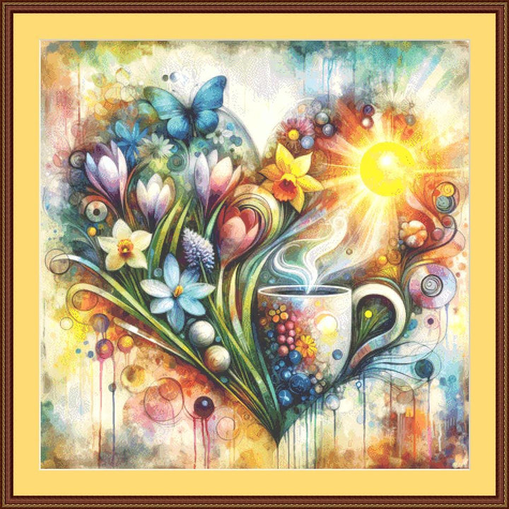 Sunshine Flowers and a Perfectly Brewed Cup of Coffee (Max Color) counted cross stitch pattern by World of Love Hearts/Adrian G Eyre