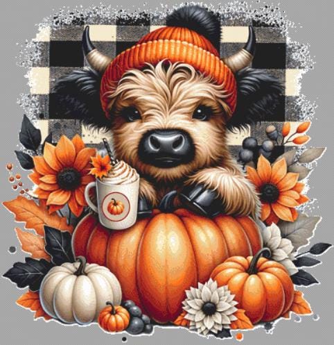 Autumn Highland Cow counted cross stitch pattern by Pixel Paige Studios